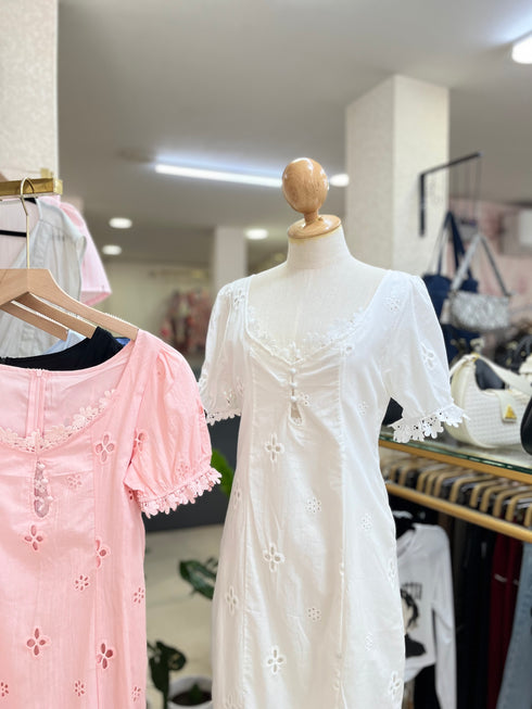 Women Spring Round Neck Hollow Embroidered Lace Dress